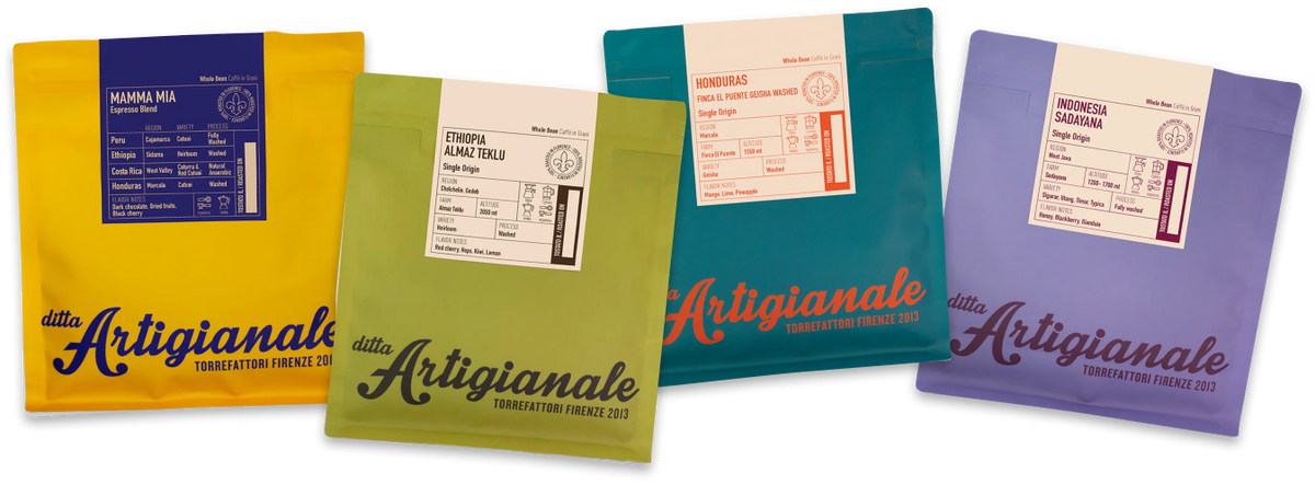 Quattro confezioni colorate di caffè specialty Ditta Artigianale, torrefattori artigianali di Firenze, con miscele e origini selezionate.